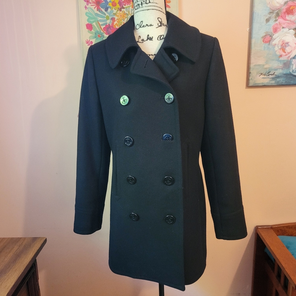 Trina Turk MSRP $589 Lambswool Blend Double- Breasted Black Pea Coat, 10, EUC - Picture 5 of 16